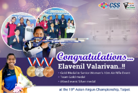 Gold medal for Champion Shooter Elavenil Valarivan at the 12th Asian Airgun Championship